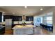 Modern kitchen featuring a large center island, dark cabinetry, and stainless steel appliances at 8981 Bellsong Circle Cir, Littleton, CO 80125