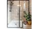 Modern tiled shower with glass doors and a built-in bench, plus a stylish plant at 14160 Ivanhoe St, Thornton, CO 80602