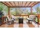 Outdoor patio with a wooden pergola, comfortable seating, and views of the backyard at 6742 Marshall St, Arvada, CO 80003