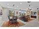 Open living and dining area with a fireplace, large windows, and comfortable seating at 201 Shenandoah Way, Brighton, CO 80603