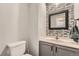 Stylish half-bath with mosaic tile backsplash and gray vanity at 5136 S Ceylon St, Centennial, CO 80015