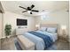 Comfortable bedroom with a light blue accent and neutral carpet at 396 S Troy St, Aurora, CO 80012