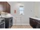 Clean laundry room with dark brown cabinets, stainless steel washer/dryer, and utility sink at 9154 E 37Th Ave, Denver, CO 80238