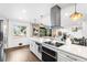 Open kitchen with white cabinetry, a stainless steel range hood, an island, and hardwood floors throughout at 6445 Balsam St, Arvada, CO 80004
