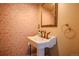 Stylish powder room showcasing vintage-inspired wallpaper and a classic pedestal sink with elegant fixtures at 131 Fox St, Denver, CO 80223