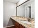 Bathroom vanity features tile backsplash, granite countertop and wood cabinets at 13183 Spica Dr, Lone Tree, CO 80124