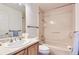 This is a well-lit bathroom with a combination shower-tub and a light wood vanity at 13940 E Linvale Pl, Aurora, CO 80014