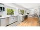 Stylish kitchen with stainless steel dishwasher, light gray cabinets, and hardwood floors at 3519 S Holly St, Denver, CO 80237