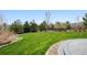 Expansive backyard features a lush green lawn and mature trees, providing a serene outdoor space at 5310 Craftsman Dr, Parker, CO 80134