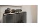 Modern laundry room with sleek, front-loading washer and dryer at 16564 High Desert Way, Parker, CO 80134