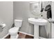 Compact bathroom featuring a pedestal sink, modern toilet, and wood-look flooring at 5996 Sun Mesa Cir, Castle Rock, CO 80104