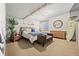 Cozy bedroom with unique decorations, including a surfboard, brown chair, and tropical accents throughout the space at 2236 S Isabell Ct, Lakewood, CO 80228