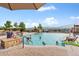 The Solterra community pool offers a scenic mountain backdrop and plenty of space for relaxing poolside at 2236 S Isabell Ct, Lakewood, CO 80228