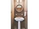 Chic powder room with a pedestal sink, ornate mirror, and designer wallpaper, adding a touch of elegance at 30544 The Golf Club Point, Evergreen, CO 80439