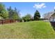 A spacious backyard with a well-maintained lawn, mature trees, and a wooden fence for privacy at 2646 S Pagosa Way, Aurora, CO 80013