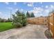 Enclosed backyard with a wooden gate, concrete patio, lush lawn, and various trees at 7264 S Platte Canyon Dr, Littleton, CO 80128
