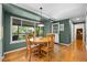Dining area with wooden floors, stylish lighting, and large windows with views of the backyard at 3726 E Nichols Ave, Centennial, CO 80122