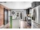 Contemporary kitchen with stainless steel appliances, dark cabinetry, and a unique brick accent wall at 1518-1520 S Sherman St, Denver, CO 80210