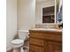 Cozy half bath with a vanity, decorative mirror, and simple toilet at 10375 Lions Heart, Lone Tree, CO 80124