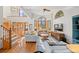 Bright living room with vaulted ceilings, expansive windows, and hardwood floors at 7192 Pinewood Dr, Evergreen, CO 80439