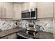 Modern kitchen features stainless steel appliances and stylish herringbone backsplash, perfect for cooking and entertaining at 720 Columbine Rd # B, Breckenridge, CO 80424