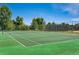 Community tennis court surrounded by a chain-link fence with lush green trees and a blue sky backdrop at 1672 Maccullen Dr, Erie, CO 80516