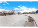 Backyard view of a yard covered in snow with walking path and bare trees at 4950 Homestead Pl # 23, Thornton, CO 80229