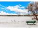 View of a frozen pond and an adjacent park bench surrounded by snow, under a blue sky with puffy clouds at 4950 Homestead Pl # 23, Thornton, CO 80229