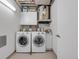 Functional laundry room with modern washer and dryer, storage cabinets, and water heater at 1449 Wynkoop St # 305, Denver, CO 80202