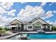 Gorgeous backyard oasis with a sparkling pool, lounge area, and outdoor dining space at 2705 Fox View Trl, Franktown, CO 80116