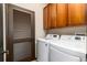Laundry room with cabinetry above the new, white washer and dryer; dark brown shaker door at 7777 E 23Rd Ave # 201, Denver, CO 80238