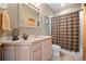 Traditional bathroom featuring a single vanity, framed mirror, and shower with plaid shower curtain at 11421 Belle Meade Dr, Conifer, CO 80433