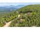 Stunning aerial view showcasing the home nestled in lush greenery with mountain views at 11457 Nancys Dr, Conifer, CO 80433