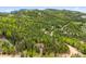 A high-angle shot displays a property tucked among a forest of trees and a long private driveway at 11457 Nancys Dr, Conifer, CO 80433