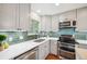 Updated kitchen with white countertops, stainless appliances, and green tiled backsplash at 11457 Nancys Dr, Conifer, CO 80433