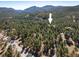 Aerial view pointing towards a home nestled among the trees on a verdant lot with surrounding forest at 31948 Highway 72, Golden, CO 80403