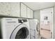 Convenient laundry room with a modern washer and dryer unit and storage cabinets at 12097 E Mexico Ave, Aurora, CO 80012