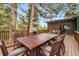 Enjoy outdoor dining on the back deck with grill and string lights amidst tall trees at 838 Lakeshore Dr, Boulder, CO 80302