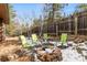 Enjoy the back yard with an outdoor seating area and fire pit surrounded by trees at 838 Lakeshore Dr, Boulder, CO 80302