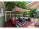 Relaxing backyard patio area with comfortable seating, a pergola, and lush greenery at 616 W 1St Ave, Denver, CO 80223