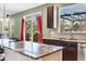 Close up shot of granite kitchen island with sink and view through sliding glass door at 730 Pope Dr, Erie, CO 80516