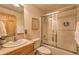 Well-lit bathroom featuring a shower over the tub, wood cabinets and neutral walls at 100 Apache Rd, Evergreen, CO 80439