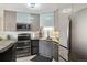 Modern kitchen featuring stainless steel appliances, stylish cabinets, and a breakfast bar, perfect for urban living at 1301 Speer Blvd # 1108, Denver, CO 80204