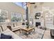 Spacious living room with high ceilings, large windows, a fireplace, and stylish decor at 11013 Valleybrook Cir, Highlands Ranch, CO 80130