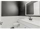 Stylish powder room with wainscoting, black accent wall, a modern vanity, and black faucet at 6532 S Tempe St, Aurora, CO 80016
