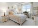 Bright bedroom features a king bed, stone fireplace, large window with views, and neutral decor at 25049 E Alder Dr, Aurora, CO 80016