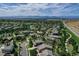 An aerial shot displays homes in a neighborhood with beautiful mountain views in the distance at 3419 Traver Dr, Broomfield, CO 80023