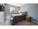 Bright bedroom with soft carpet, a window, and a sleek modern queen bed at 5229 Nighthawk Pkwy, Brighton, CO 80601