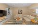 Cozy basement living room area featuring an oversized sectional, tv, and shelving at 7975 S Gaylord Way, Centennial, CO 80122