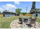 Backyard with a stone patio with fire pit and seating, ideal for outdoor gatherings and relaxation at 2714 S Raleigh St, Denver, CO 80236